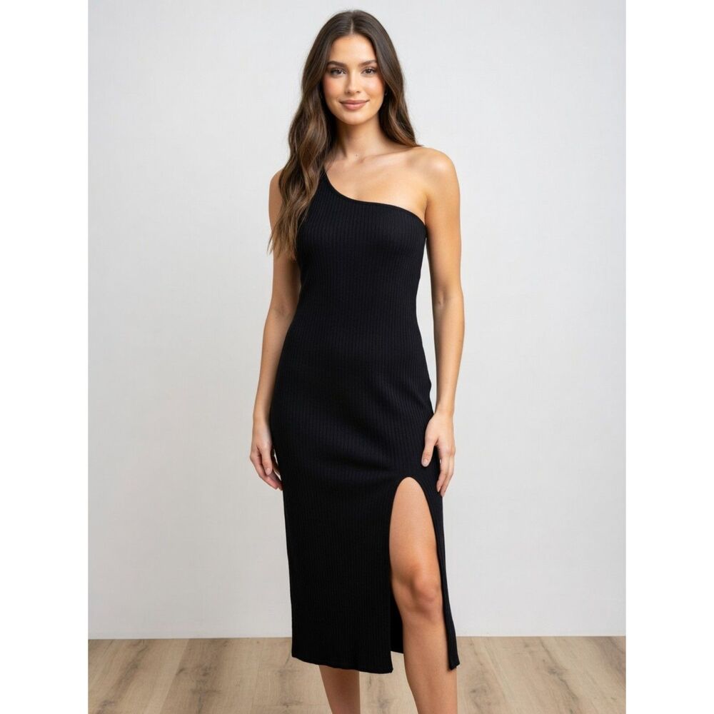 Abercrombie Black One Shoulder Bodycon Ribbed Knit Midi Dress Slit Stretch Sm